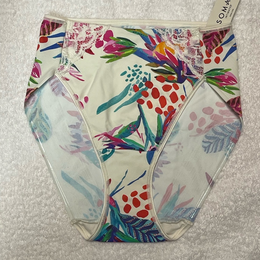 SOMA VANISHING TUMMY WITH LACE HIGH CUT- LUSH TROPICS MINI IVORY, SZ S NWT